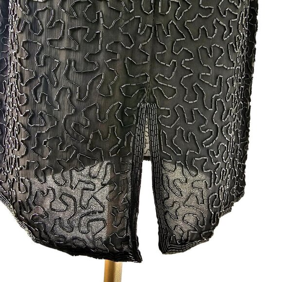 80s Black Silk Beaded Sheath Dress Short Sleeve Round Neck Laurence Kazar Sz 8 - Picture 6 of 11